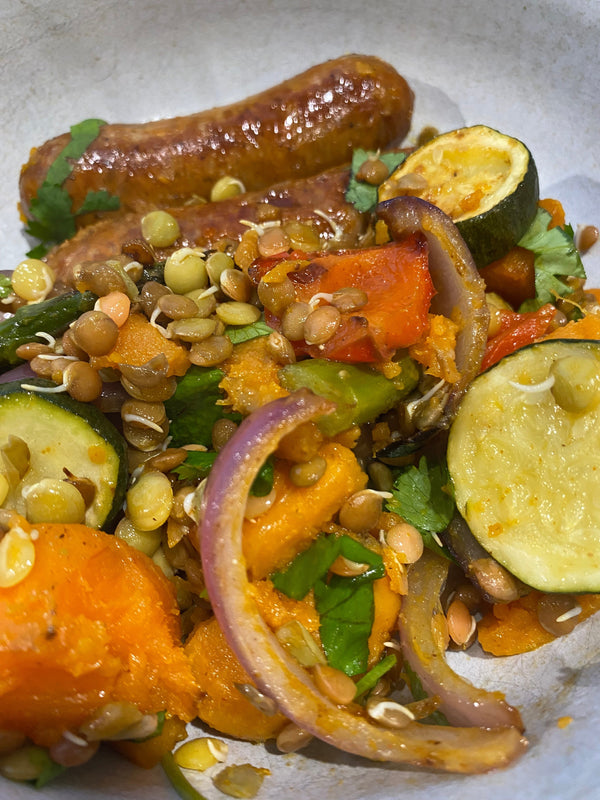 One-Tray Lentil, Veggie & Sausage Bake